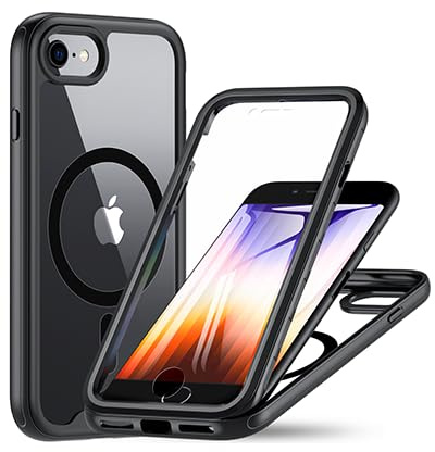 OWKEY Magnetic for iPhone SE 2020/SE 2022 Case, iPhone 8/7 Case, Black | Compatible with MagSafe, With Built-In Screen Protector, 360° Full Body Shockproof Protective Phone Cover