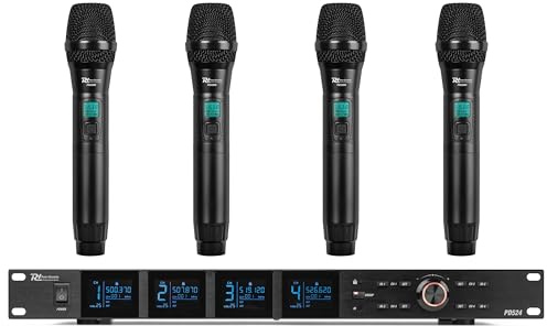 Power Dynamics PD524 Sistema inalámbrico UHF con 4 micrófonos | 4 canales UHF, 100 frecuencias por micrófono, salida XLR individual, incluye estuche