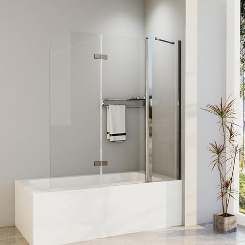 Duschwand für Badewanne 160x140cm 3-Teilig Faltbar Badewannenaufsatz, Duschabtrennung Faltwand mit Seitenwand, Duschtrennwand aus 6mm NANO Sicherheitsglas, Badewannenfaltwand in Silber Alu