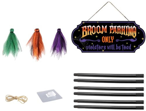 SANRLO Halloween Witch Broom Parking Wall Sign With 3 Wood Brooms Handmade Broomsticks Signage Festival Home Decoration