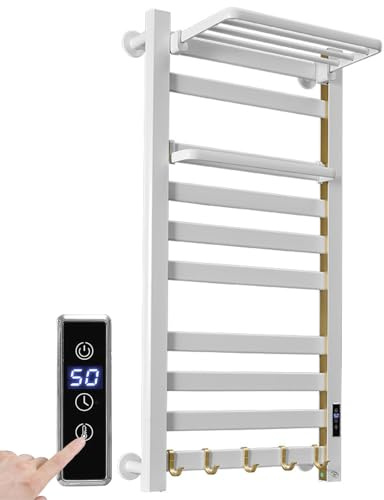 Scaldasalviette elettrico con timer di regolazione della temperatura, display digitale, termosifone riscaldato a parete per bagno riscaldamento rapido impermeabile bianco mano sinistra