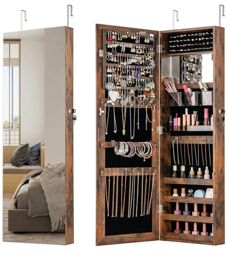 COSTWAY Schmuckschrank hängend, 2 in 1 Wandspiegel & Schmuck Organizer, Spiegelschrank abschließbar, Schminkschrank mit 2 Spiegel, Tür- / Wandmontage, verstellbare Haken (Vintage)