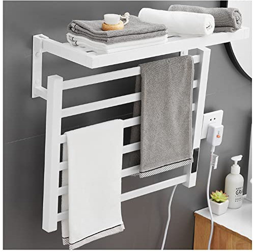 Portasciugamani elettrico Scaldasalviette a parete con ripiano superiore, Portasciugamani riscaldato con timer e controllo della temperatura 6 Stendino Portasciugamani riscaldato (Bianco Sinistro)