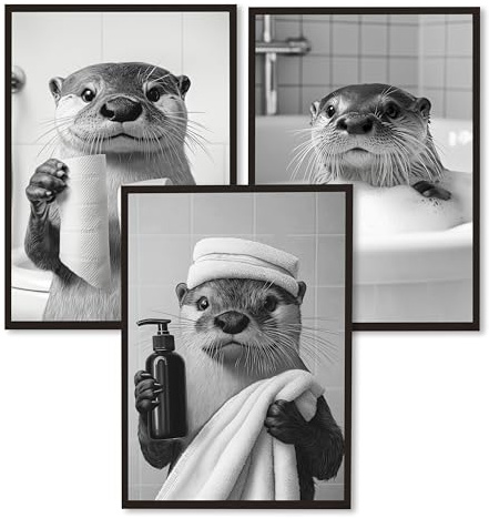 AVYLO Lustiger Otter Poster Badezimmer Wanddeko ungerahmt, Hochwertige Schwarz Weiß Wandbilder für Gäste WC Kunstdruck, Minimalistische Wandkunst Bad & Toilette, Einweihungsgeschenk (3x A4 Poster)