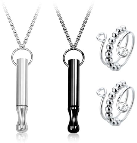 HQRKOTM V2 Lot de 2 chaînes respiratoires en acier inoxydable pour sevrage du tabagisme Sans fumée Chaîne respiratoire pour arrêter de fumer (Argent + Noir), Avec 2 Anneaux de Décompression