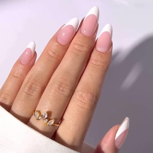 24pcs Almond False Nails - Nude Pink French Tip False Nail Tips - 12 Sizes Stick on Nails for Women - Medium Length Elegant White Tips Design Acrylic Fake Nails with Glue