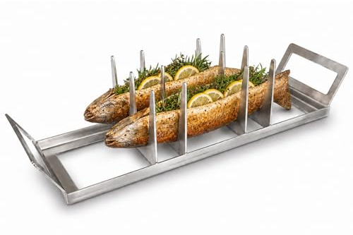 Fischhalter mit Servierschale für Grill, Smoker, Räucher- Backofen ab 55cm