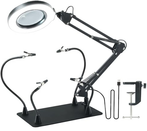 Helping Hands Soldering Station PCB Holder with Magnetic Arms,Circuit Board Holder 10X Magnifying Glass with Light Stand LED Lamp with Clamp, 5 Colors 10 Lights for Electronics, Crafts, Repairs