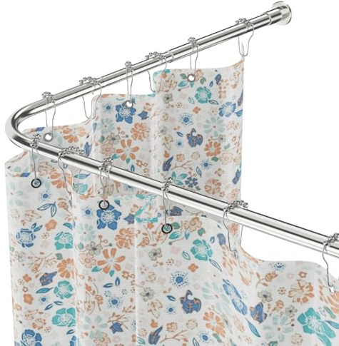 WELDUN L-Shaped Shower Curtain Rod, Adjustable 68-96cm × 68-96cm, Stainless Steel Corner Shower Rod Waterproof & Rustproof, 90 Degree Curtain Rod Includes 12 Rings