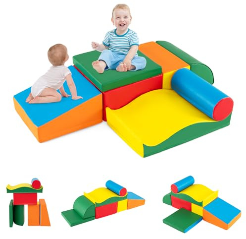 COSTWAY 7PCS Parcours Motricité Bébé en Mousse EPE avec Housse en PU, Module Motricité Bébé avec Diverses Couleurs, Aire de Jeux Éducatif pour Ramper Grimper pour 18 Mois+