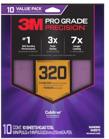 3M Pro Grade Precision Sanding Sheets with No-Slip Grip, 9 x 11 in, 320 Grit, 10-Pack (SHR320-PGP-10T)