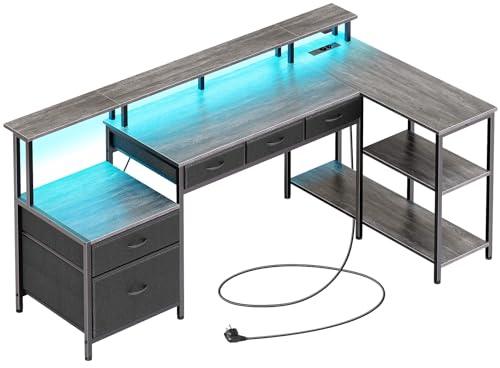 Rolanstar Escritorio en L de 163 cm con Cajones, Escritorio Gaming Reversible con Tomas de Corriente, LED y Soporte para Monitor, Mesa Ordenador para Oficina, Dormitorio o Sala de Trabajo (Gris)