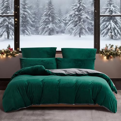 YASMENG Flanell sängkläder 135 x 200 mörkgrön grå varm mysig flanell sängkläder 135 x 200 vinter fluffig plysch sammet fleece vändbara sängkläder 2 delar med dragkedja och 80 x 80 cm örngott