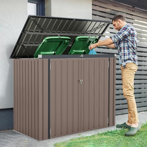 RELAX4LIFE Casetta da Giardino in Metallo, Garage per Attrezzi da Esterno in Acciaio Zincato con 2 Porte, Coperchio Apribile, Capanna di Stoccaggio per Giardino, Fattoria, 172X100X129 CM (MARRONE)