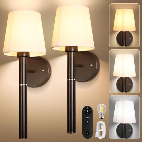 Bawoo Akku Wandleuchte Innen, 2 Pack Batteriebetrieben Wandlampe für den Innenbereich mit Abnehmbarem 5200mAh Ladestab und Dimmbarer Fernbedienung, 3 Farbige Kabellose Wandleuchten Schwar