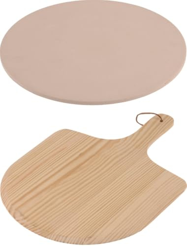 Pizza Stone and Wooden Peel Set - 13 - 33cm Round Cordierite Baking Stone for Oven & BBQ - Ideal for Crispy Homemade Pizza, Bread & Flatbreads - Includes Natural Pine Pizza Paddle
