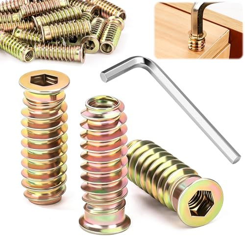 Insert Fileté Bois 20 Pièces M8x25mm Écrous à Visser Fileté Manchons à Visser en Alliage de Zinc Douille Filetée M8 Écrous Hexagonaux avec 1 Clé Allen pour Meubles en Bois