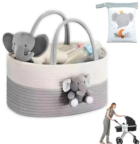 Canasta Organizadora de Pañales para Bebé, Bolsa de Cambiador Multifunción con Bolsa de Almacenamiento de Pañales, Bolsa de Regalo, Canasta Portátil de Cuerda de Algodón para Regalos de Baby Shower