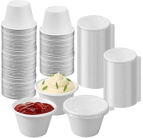 Pequeños cuencos de cartón con tapa vasos de papel 120 ml blanco redondo, Cuenco de salsa ecológico para dips, salsas, fingerfood, mermelada, Vasitos blancos hechos de papel encerado, 50 unidades