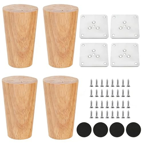 4 Stück Möbelfüße aus Holz, Ersatzbeine für Sofa, 8 cm, runde Tischbeine mit Montageplatte und Schrauben für Stuhlbeine und Sofas, Betten, Schränke, Tische und Regalbeine