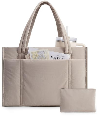 bagsmart Large Puffer Tote Bag, Padded 15.6 Laptop Work Handbag with Zip | 21L Lightweight Women Tote with Small Pouch for Teacher, Student School, Commute, Business Travel, Cup Holder, Trolley Sleeve