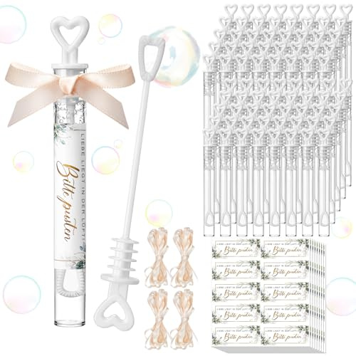 Skylety 80 Set Hochzeitsseifenblasen Herz-röhrchen Wedding Bubbles | 80 Röhrchen 4 ml + 80 Aufkleber & 2 Bänder, Seifenblasen Gastgeschenk Deko, Für Taufe Geburtstag Gäste Trauung Fotos