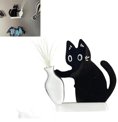 Niedlicher Schwarzer Katzenvasen Magnet für Kühlschrank Magnetische Katzen Schnurrhaar Vase mit Blumenhalter Acryl Katzen Kühlschrankmagnet Deko für Zuhause & Büro (1)
