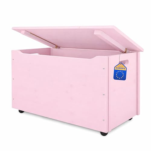 Pinus Spielzeugkiste 90x48x51 cm mit Deckel Rollen Kinderzimmer Rosa | Kiefernholz, große Aufbewahrung, für Spielzeug Decken Kuscheltiere, 4 Rollen, niedrige Höhe, leichtes Einräumen