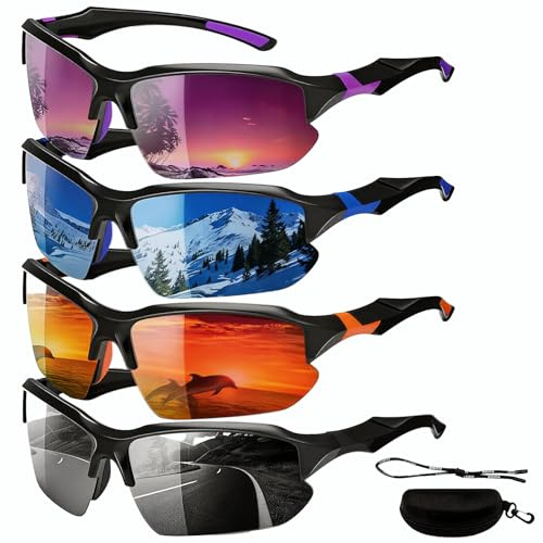 nnOuOnn Polarisierte Sport-Sonnenbrillen für Herren und Damen, Radfahren, Laufen, Fahren, Angeln, Golf, Wickel-Nachtbrillen-Set mit Gurt und Etui, blendfrei & UV400, 4 Stück