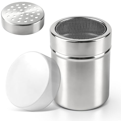MOKIDO Puderzuckerstreuer Edelstahl mit Deckel, 2in1 Mehlsieb Mehlstreuer mit Feinsieb & Lochdeckel, Kakaostreuer für Cappuccino, Puderzucker Streuer, Zimtstreuer, Mehlbestäuber Brot Backen 6x8 cm