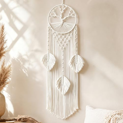 Baum des Lebens Traumfänger Makramee, Handgefertigt mit Federn & Perlen | Boho Wandbehang für Schlafzimmer & Wohnzimmer, Traumfänger Klein, Segenswunsch als Wanddeko