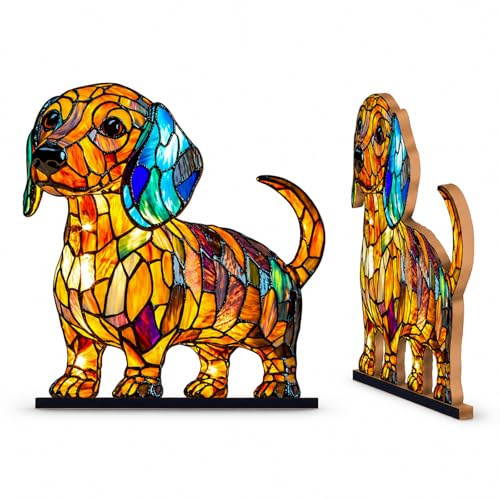 Onperpoe Dackel Deko Holz 2D Flache Farbenfrohe Holzfigur Hund, Handgefertigte Holzfiguren, Detaillierte Dackel Geschenke für Hundeliebhaber