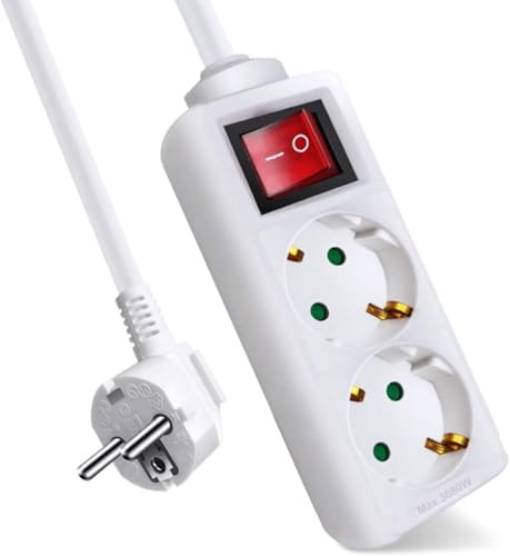 Regleta Enchufe con Interruptor KD, Color Blanco, alargador de enchufes, Base Multiples de 2 Tomas schuko, enchufes Tipo Schucko con Interruptor, 16a/250v 3680w, Cable 3g 1.5mm2, lontitud 3m