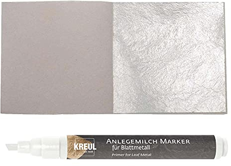 50 Blatt Echtes Blattsilber 6cm x 6cm Echt Silber 925 zum Versilbern & Basteln Silberblatt Silberfolie Kunsthandwerk Art Dekoration Restaurierung Möbel + 1 x Kreul Marker Anlegemilch Kleber im Stift