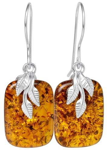 Genuine Baltic Honey Amber Fern Drop Earrings in 925 Sterling Silver – Rectangle Dangle Earrings for Women, Botanical Leaf Design, French Hook, Includes Certificate & Velvet Pouch