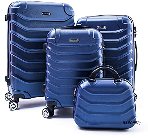 R.Leone Valigia da 1 pezzo Fino a Set 4 Trolley Rigido grande, medio, bagaglio a mano e beauty case 8 ruote in ABS 2026 (Blu, Set 4 XXS S M L)