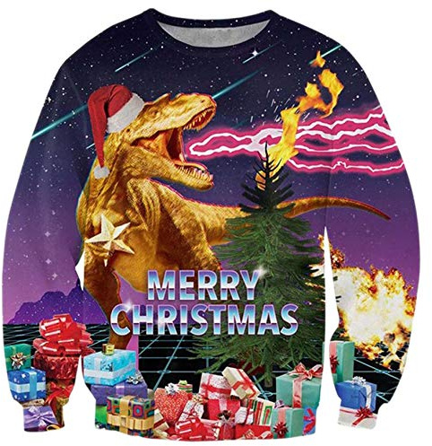 ALISISTER Ful jultröja med 3D-tryck, jultröja, rolig långärmad tröja eller t-shirt för män i storlekarna S till 3XL, A-jul dinosaurie, XXL