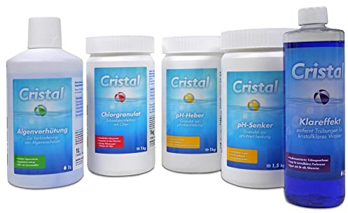 Cristal Wasserpflege Set 5 kg - Chlorgranulat schnell löslich - pH-Senker - pH-Heber - Algenverhütung - Klareffekt - Pflegebroschüre - Pool Whirlpool