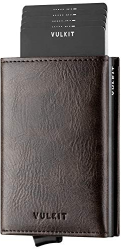 VULKIT Porta Carte di Credito Schermato RFID Portafoglio Uomo Bifold in Pelle Pop Up Automatico e Porta Banconote Tasca Monete con Zip, Espresso