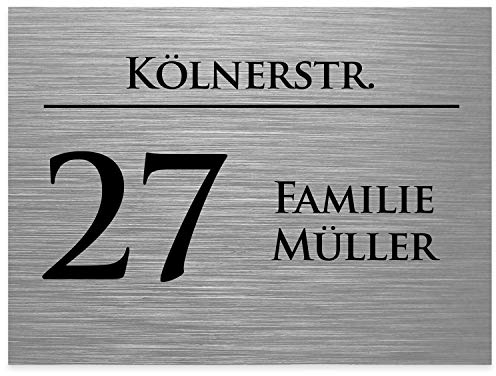 Hausnummernschild mit Gravur Nummer, Straßenname und Name Silber gebürstet - UV-beständig - Resistent gegen Korrosion und Oxidation