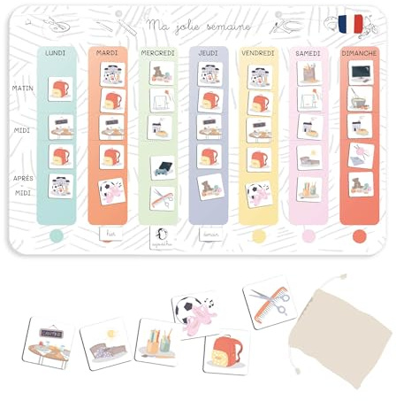 L’atelier gigogne- Semainier enfant-Calendrier Éducatif Montessori 3-8ans-1 plateau magnétique-64 magnets-Routine-planificateur semaine- organisateur -Fabriqué en France-SEMA