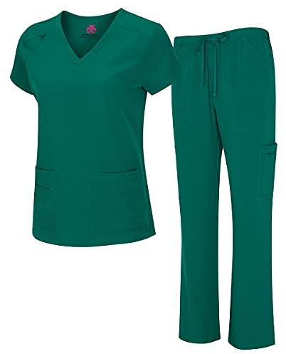 Natural Uniforms Women's Cool Stretch V-Neck Top and Cargo Pant Set (True Hunter Green, Large)