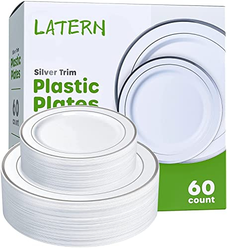 LATERN 60 Pièces Vaisselle en Plastique Argenté, 30 Pièces Assiettes Plates 26cm + 30 Pièces Assiettes à Salade 19cm, Réutilisable pour Anniversaire Mariage Dessert Jardin Fête