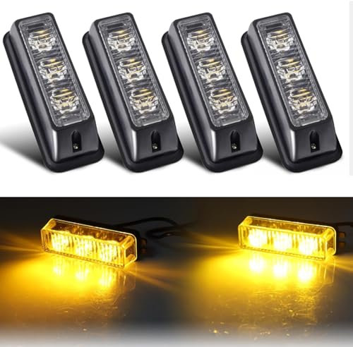 Biqing [10 Modes] 4PCS LED Feux Stroboscopique,3 LED Lampe Flash Stroboscope Gyrophare LED Feux Pénétrations Avant Voyant d’Alarme Urgence Strobe Orange 12V/24V Montage en Surface