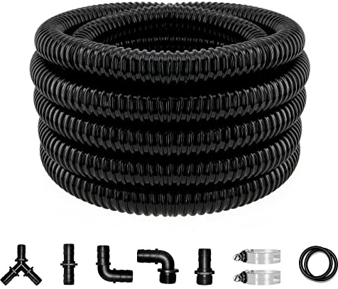 LONGRUN Pond Tubing 1 Inch Diameter, 20.7 Feet Long Corrugated Flexible Hose Pipe with Clamps Pipe Fittings, Pool PVC Tube for Garden Ponds Waterfalls Camping Caravans Filters Drainage Marine