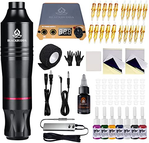 Tattoo Gun Kit für Anfänger, Professionelle Rotary Tattoo Maschine Komplettset mit Patronen Tattoo Supplies (Schwarz, CTG006)