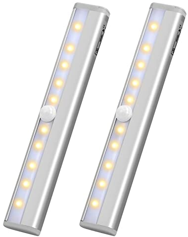 Jinlaili 2 Pack Wireless Under Cupboard Lights, 10 LED Motion Sensor Lights for Closet, Under Cabinet Lights with Magnetic Strip, Battery Night Light, LED Lights Bar for Kitchen Stairs - Warm Light