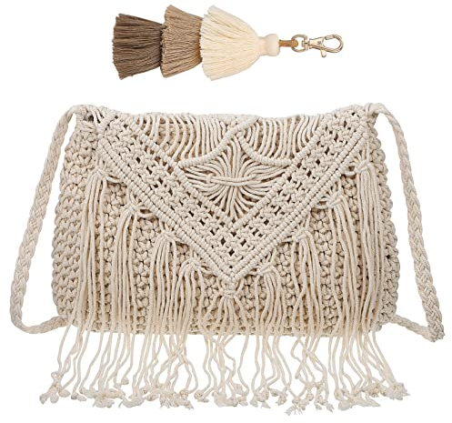 VALICLUD Gewebte Tasche mit Quasten-Charm, Sommer-Strand-Strohtasche, Häkeltasche für Damen