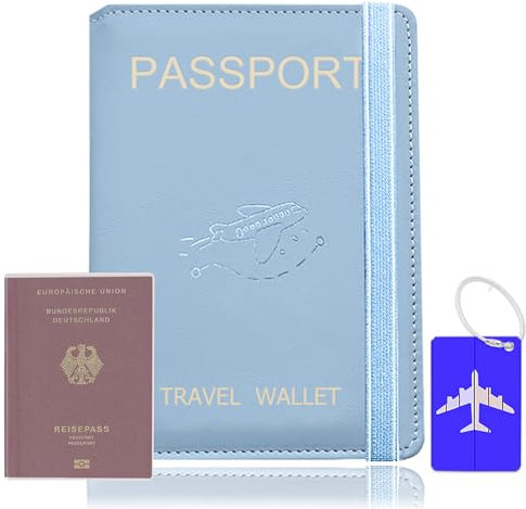 SUCCEFORT Reisepasshülle, Kunstleder Passhülle für Reisepass Kreditkarten Ausweis Reisedokumente mit RFID-Blocker, mit Transparenten Passhüllen Und Kofferanhänger, 15x11cm-Blau