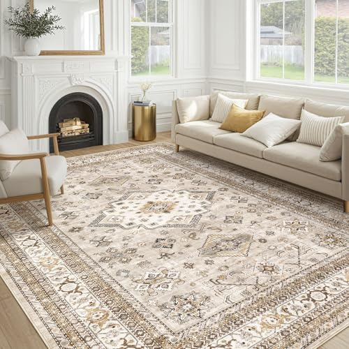 Vintage Living Room Area Rug 8x10 - Large Soft Washable Oriental Traditional Distressed Farmhouse Rugs for Bedroom - Indoor Floor Accent Carpet for Home Office House Decor - Beige